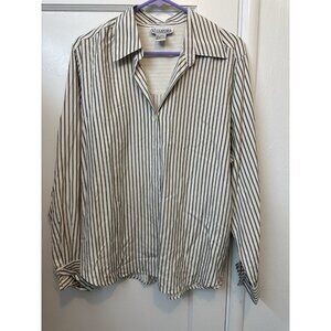 Alexandria 100% Silk Blouse Womens Size 14 Beige Brown Stripe Button Front Top